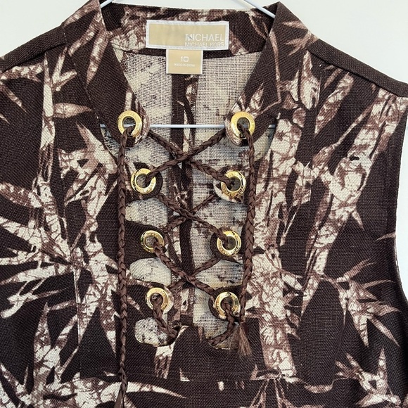 NWT Michael Kors lace up neckline Black and Brown linen Dress size 10 - Picture 3 of 5